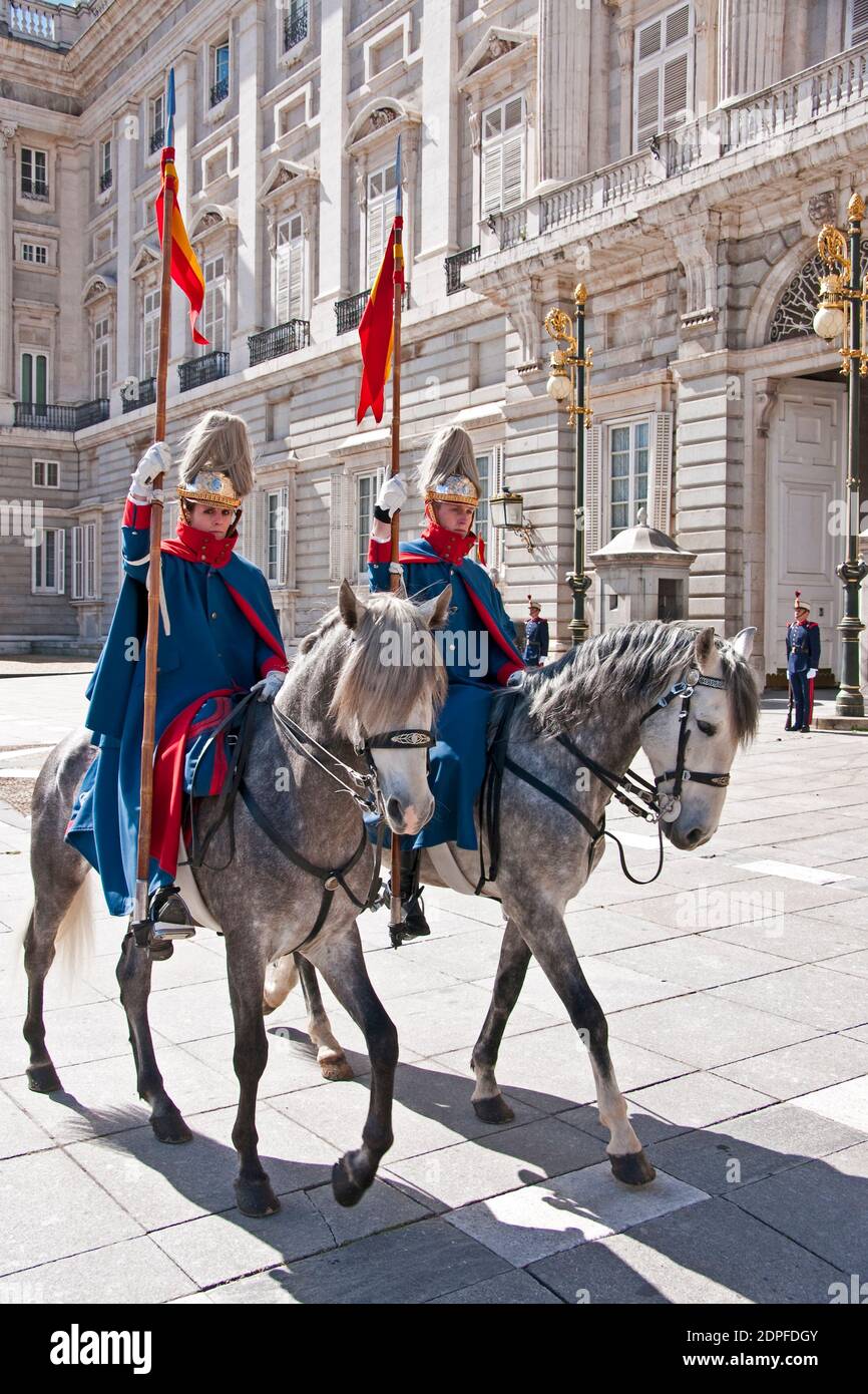 Mounted guards at Royal Palace of Madrid, Spain Stock Photo