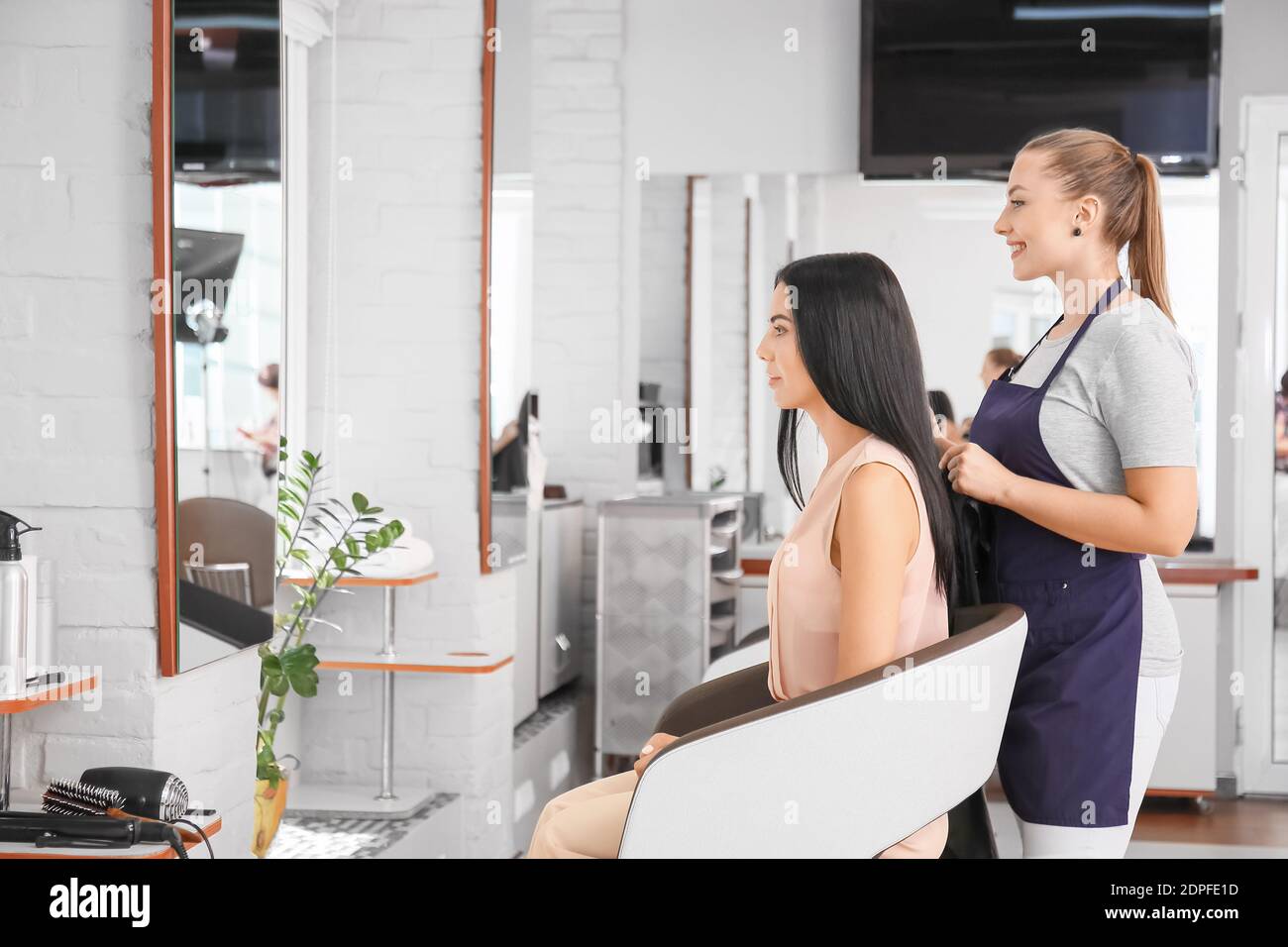 Female hairdresser working with client in salon Stock Photo - Alamy
