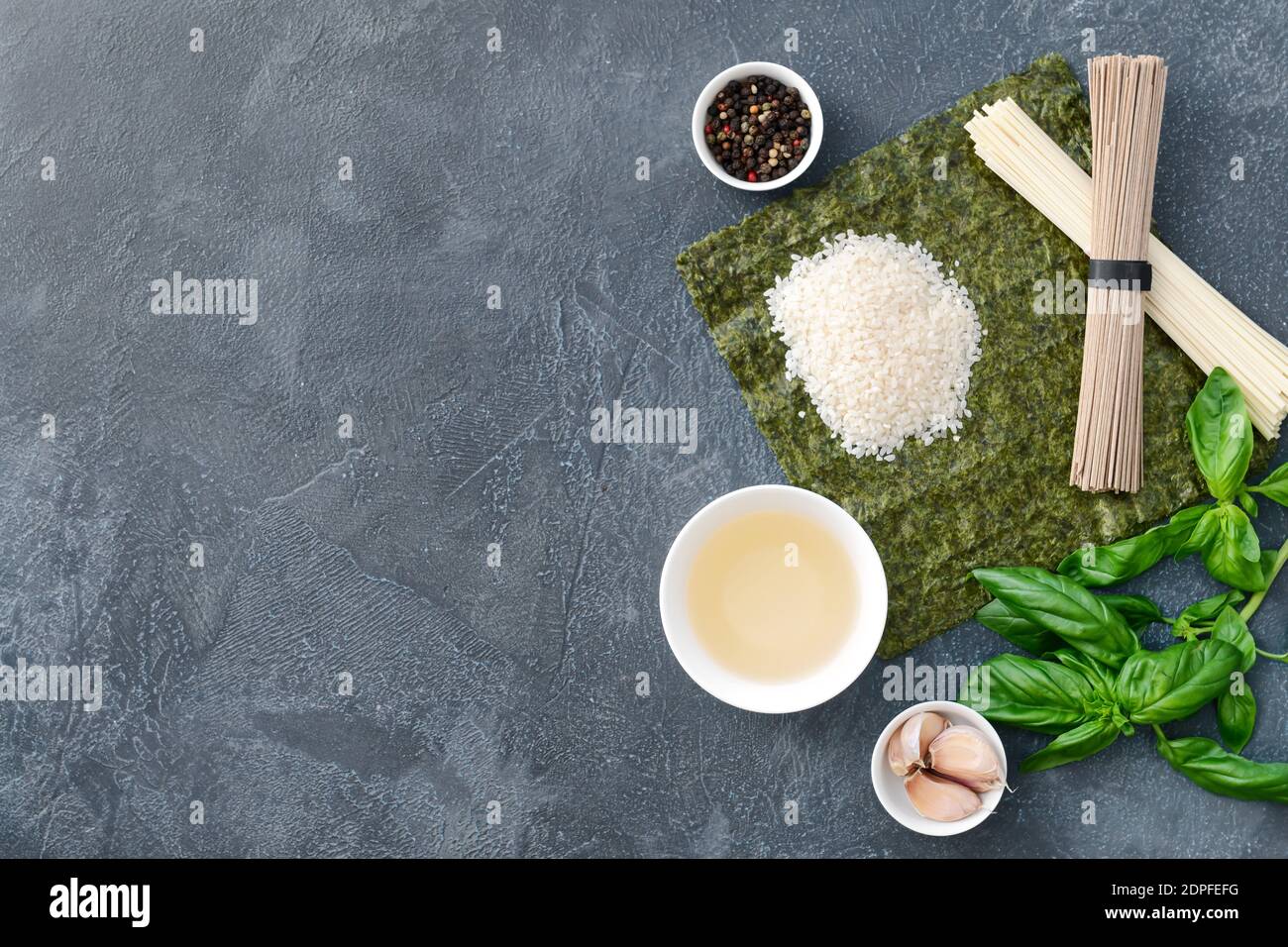 Composition with rice vinegar on dark background Stock Photo