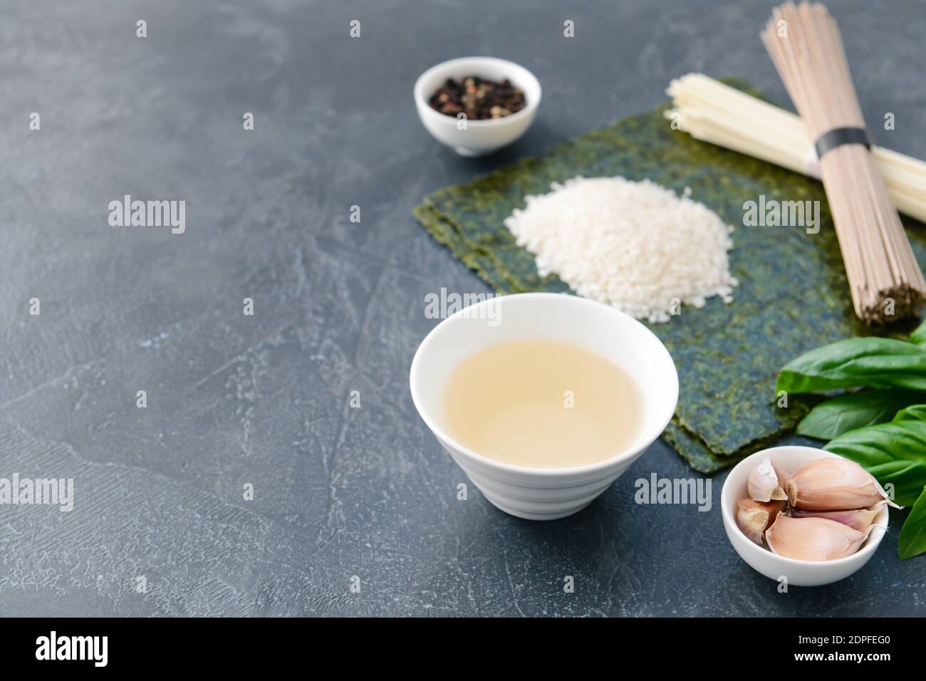 Composition with rice vinegar on table Stock Photo