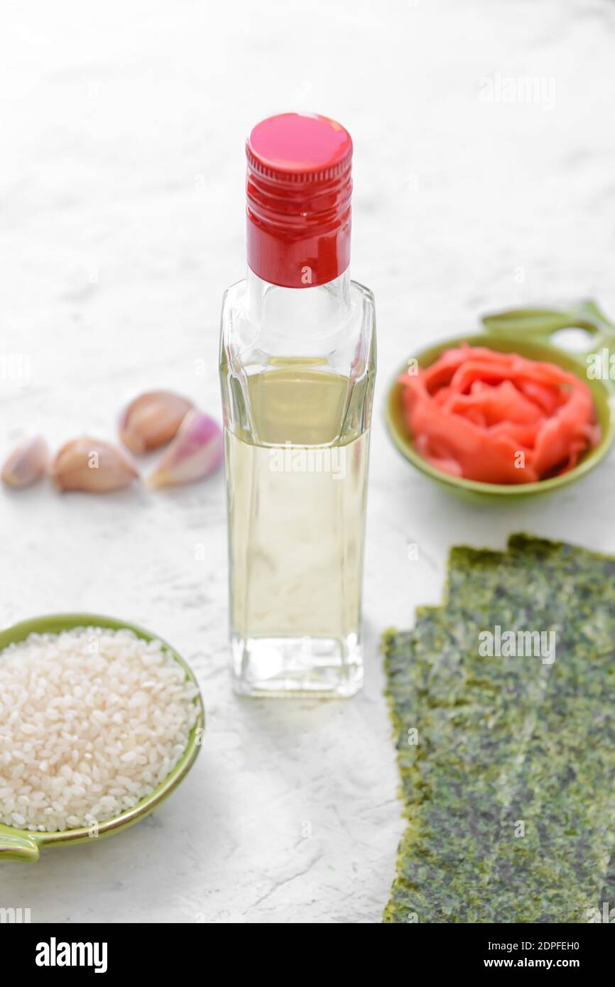 Composition with rice vinegar on table Stock Photo Alamy