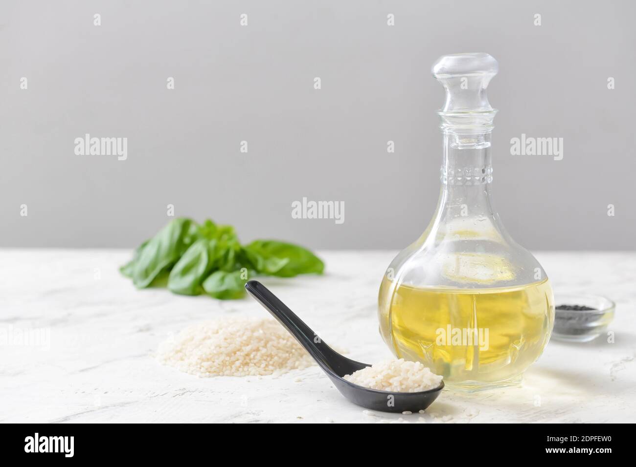 Composition with rice vinegar on table Stock Photo