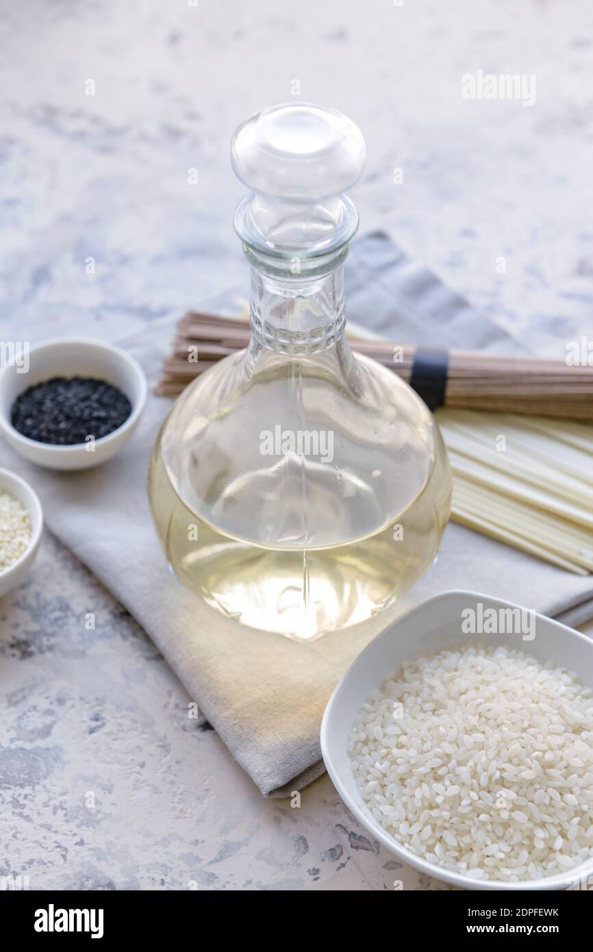 Composition with rice vinegar on table Stock Photo