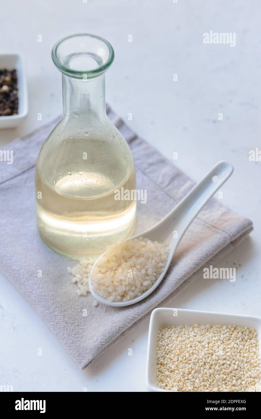 Composition with rice vinegar on table Stock Photo