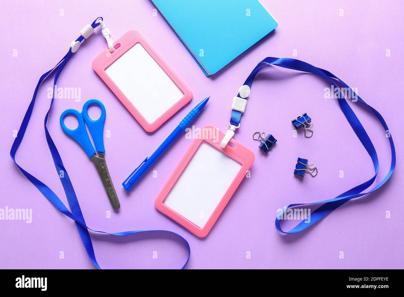 Blank badges and stationery on color background Stock Photo - Alamy