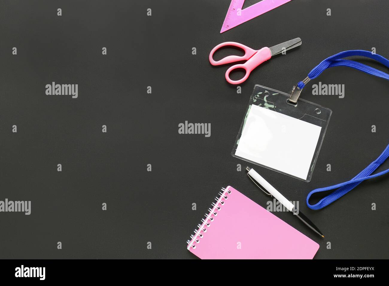 Blank badge and stationery on dark background Stock Photo - Alamy