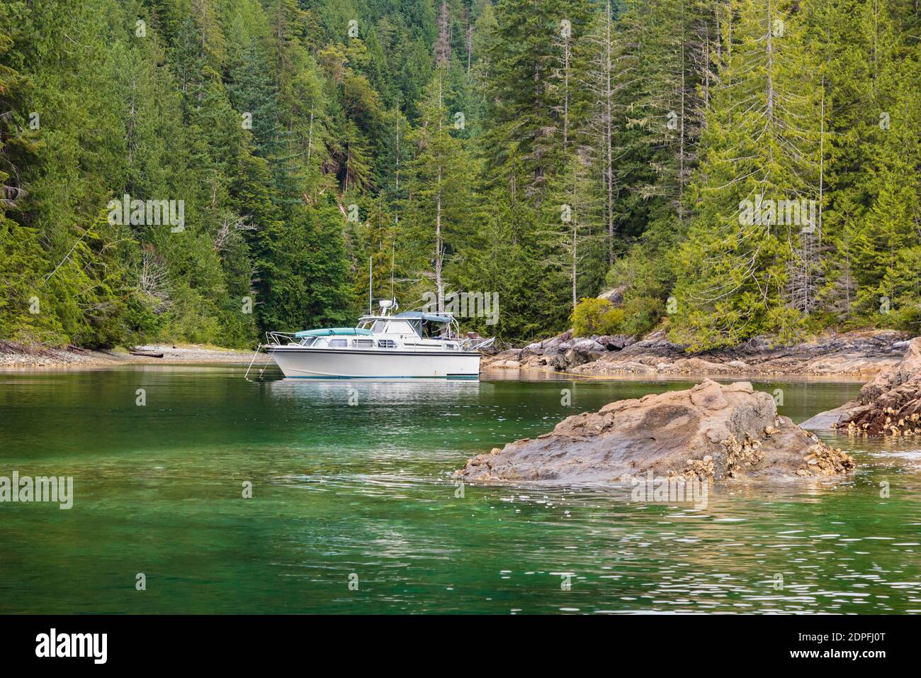 A pleasure boat is anchored in a quiet cove in coastal British Columbia, with a rocky reef in the foreground and dense forest in the background. Stock Photo