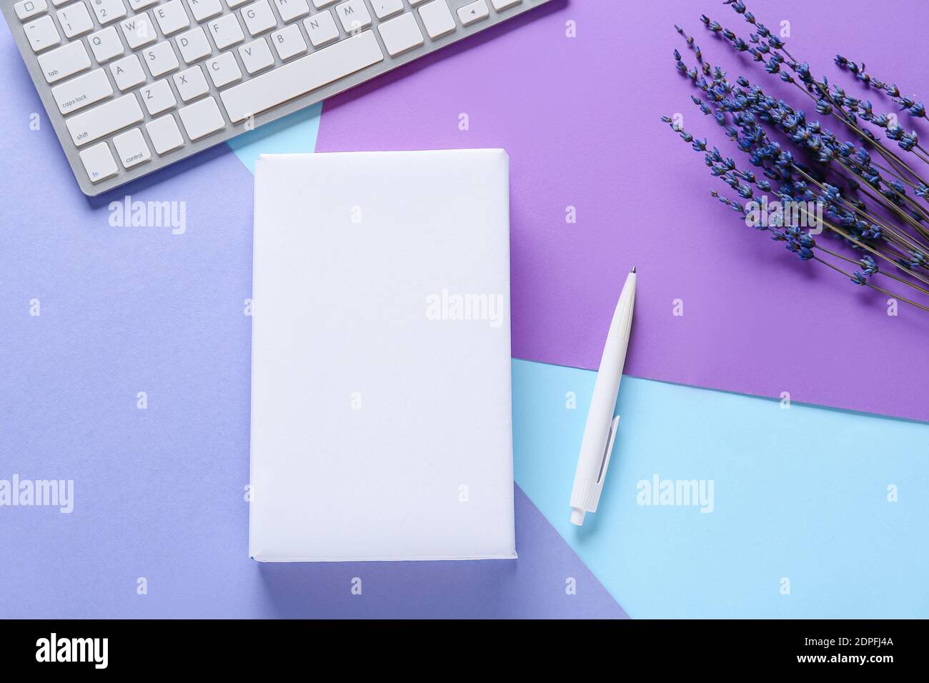Composition with blank book and computer keyboard on color background Stock Photo