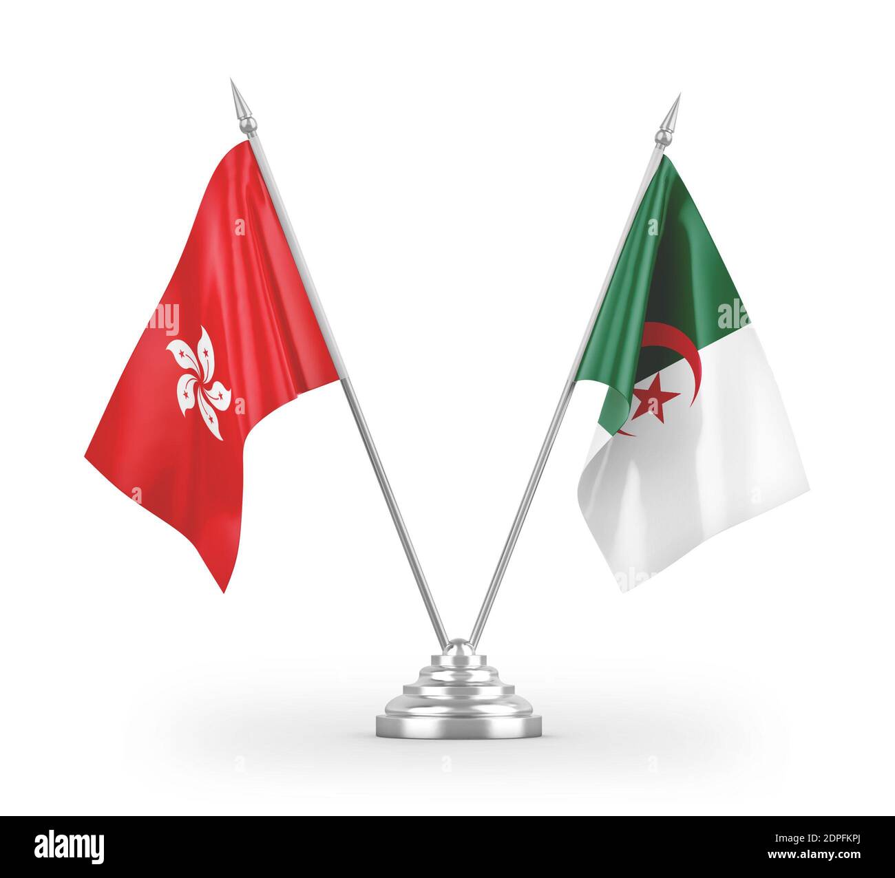 Algeria and Hong Kong table flags isolated on white 3D rendering Stock Photo