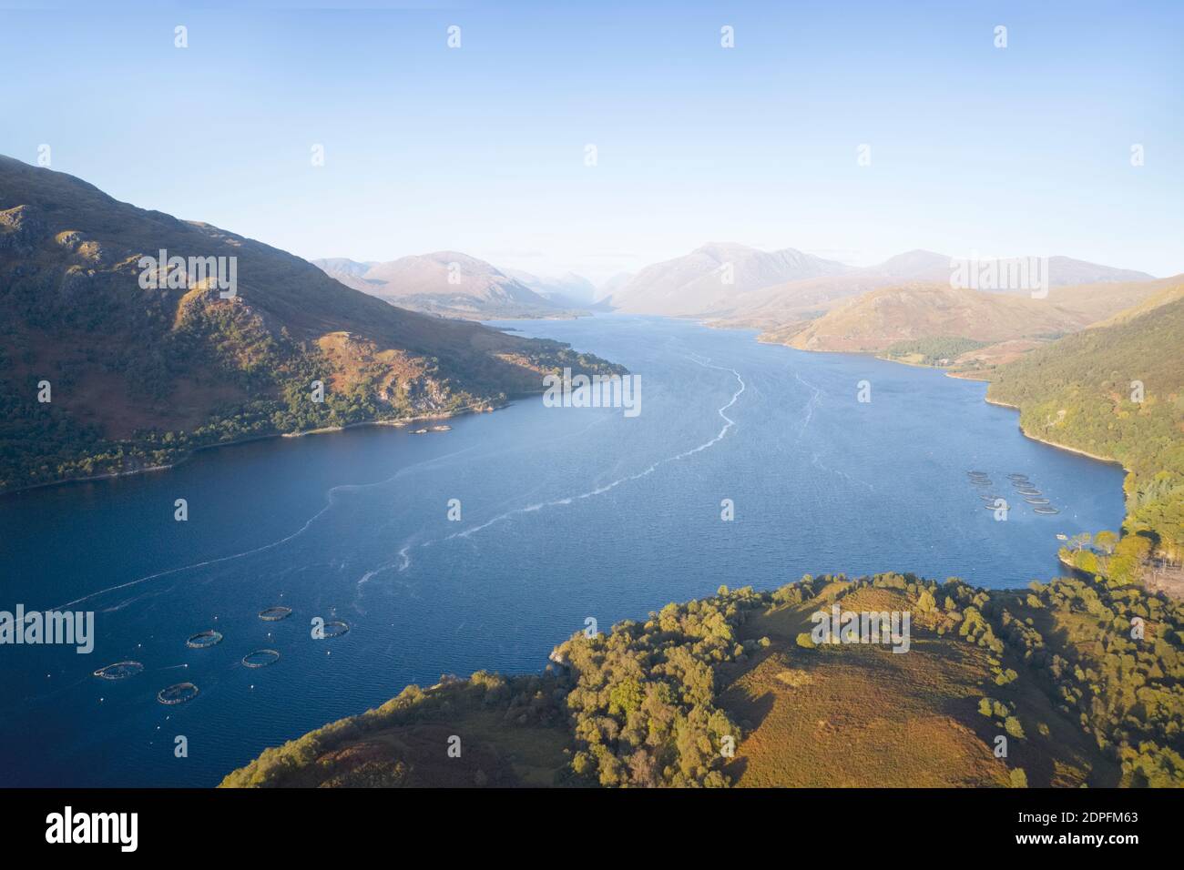 Mindfulness calm background of aerial view from above Loch Etive at sunrise in Scotland Stock Photo