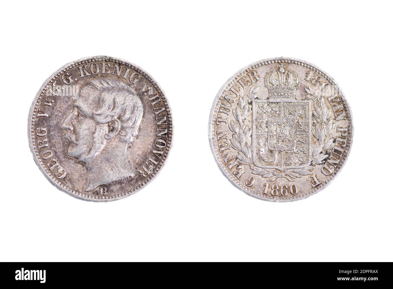 Ancient old vintage coin coins money King George the V of Hanover Hannover Germany German 1860 silver Thaler Stock Photo