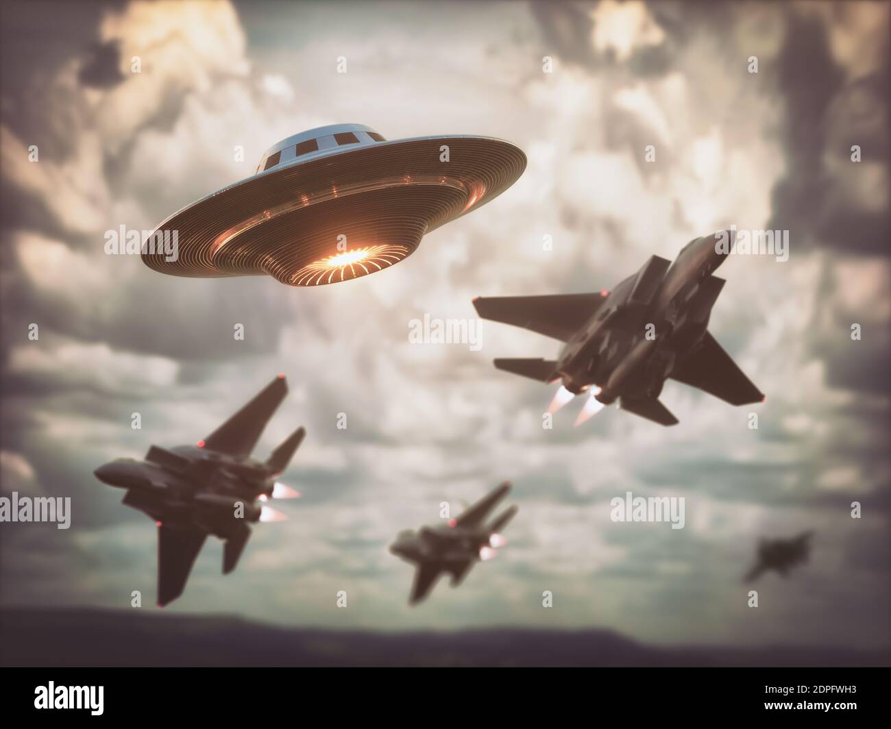 Supersonic fighters chasing UFO. Unidentified flying object flying over the sky. 3D illustration. Stock Photo