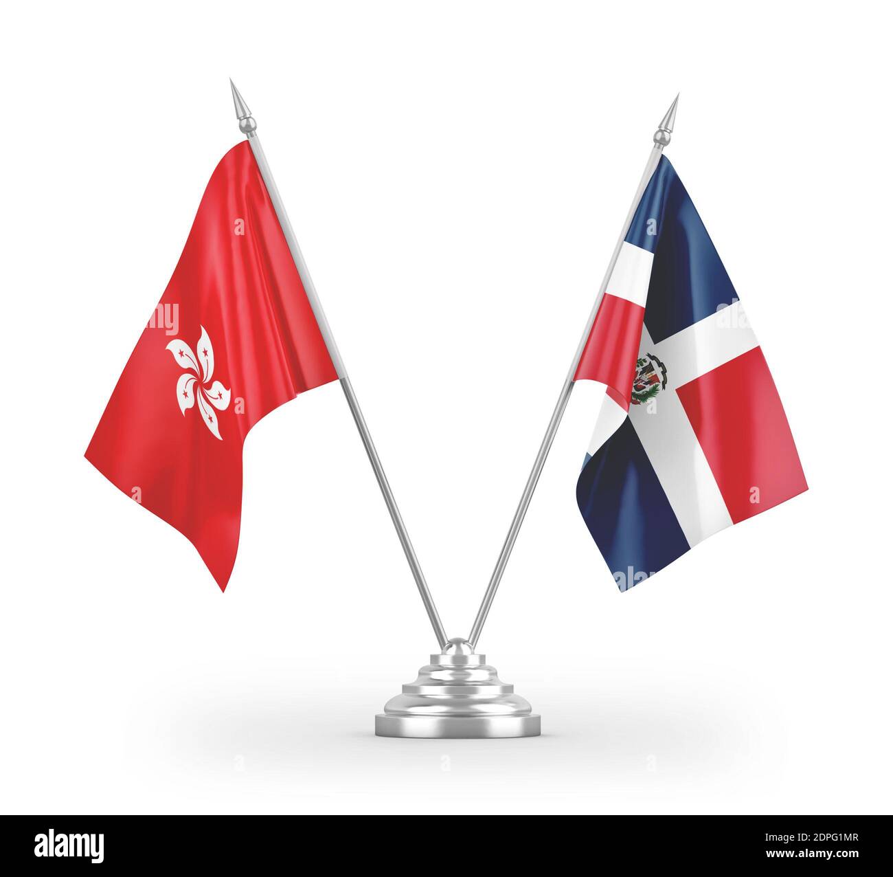 Dominican Republic and Hong Kong table flags isolated on white 3D rendering Stock Photo