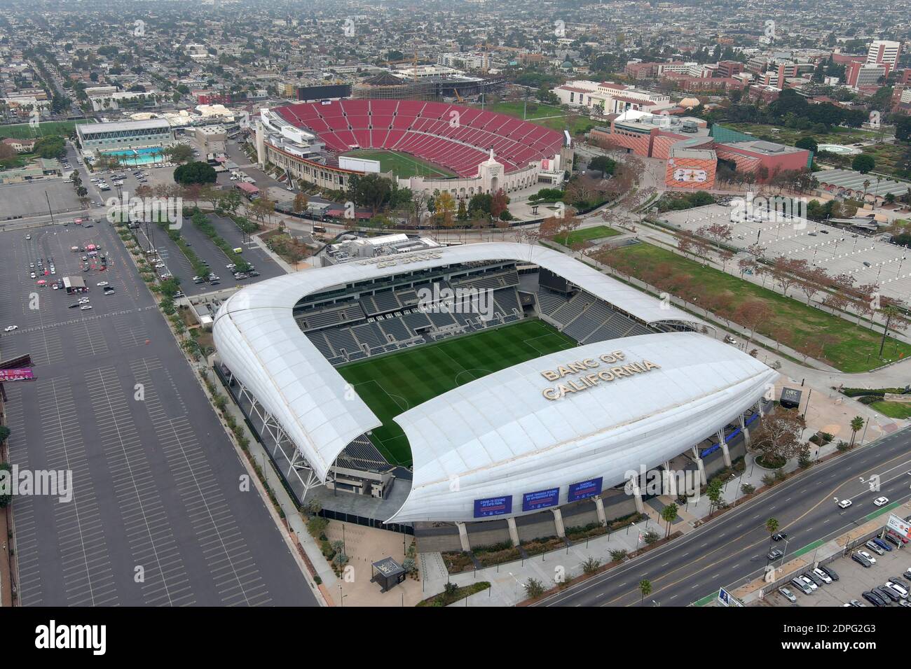 A general view of Banc of California Stadium and the Los Angeles Memorial Coliseum, Monday, Dec. 7, 2020, in Los Angeles. Stock Photo