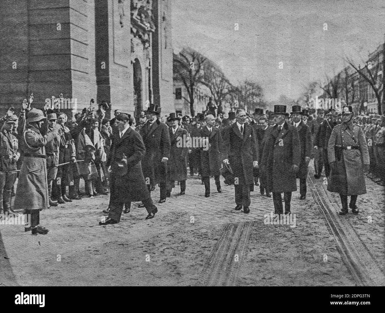 POTSDAM, GERMANY - MARCH 21, 1933: Adolf Hitler with his cabinet ministers en-route to the Garrison Church on the 'Day of Potsdam. Reproduction of ant Stock Photo