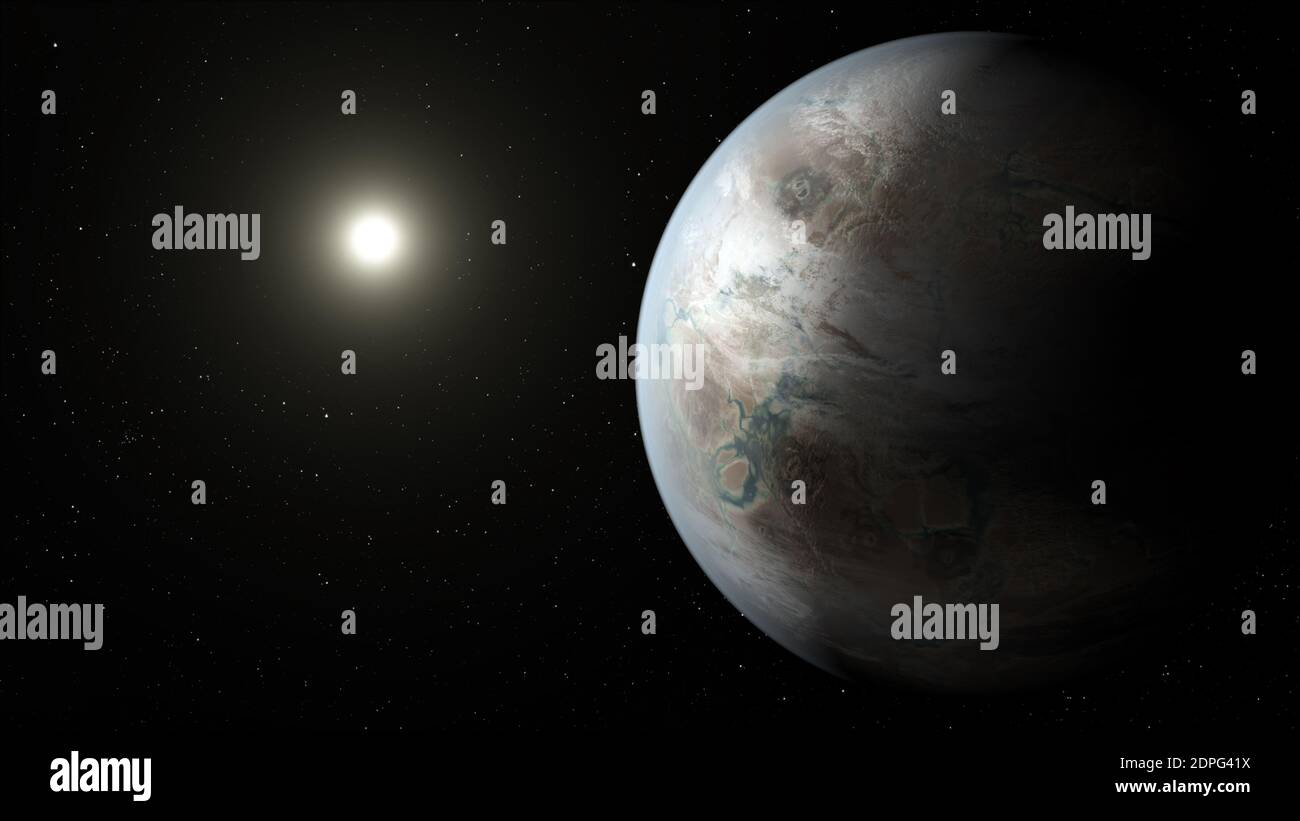 OUTER SPACE Kepler-452b — July 23, 2015 -- This artist's concept depicts one possible appearance of the planet Kepler-452b, the first near-Earth-size world to be found in the habitable zone of star that is similar to our sun, NASA announced today. The habitable zone is a region around a star where temperatures are right for water -- an essential ingredient for life as we know it -- to pool on the surface. Scientists do not know if Kepler-452b can support life or not. What is known about the planet is that it is about 60 percent larger than Earth, placing it in a class of planets dubbed 'super- Stock Photo
