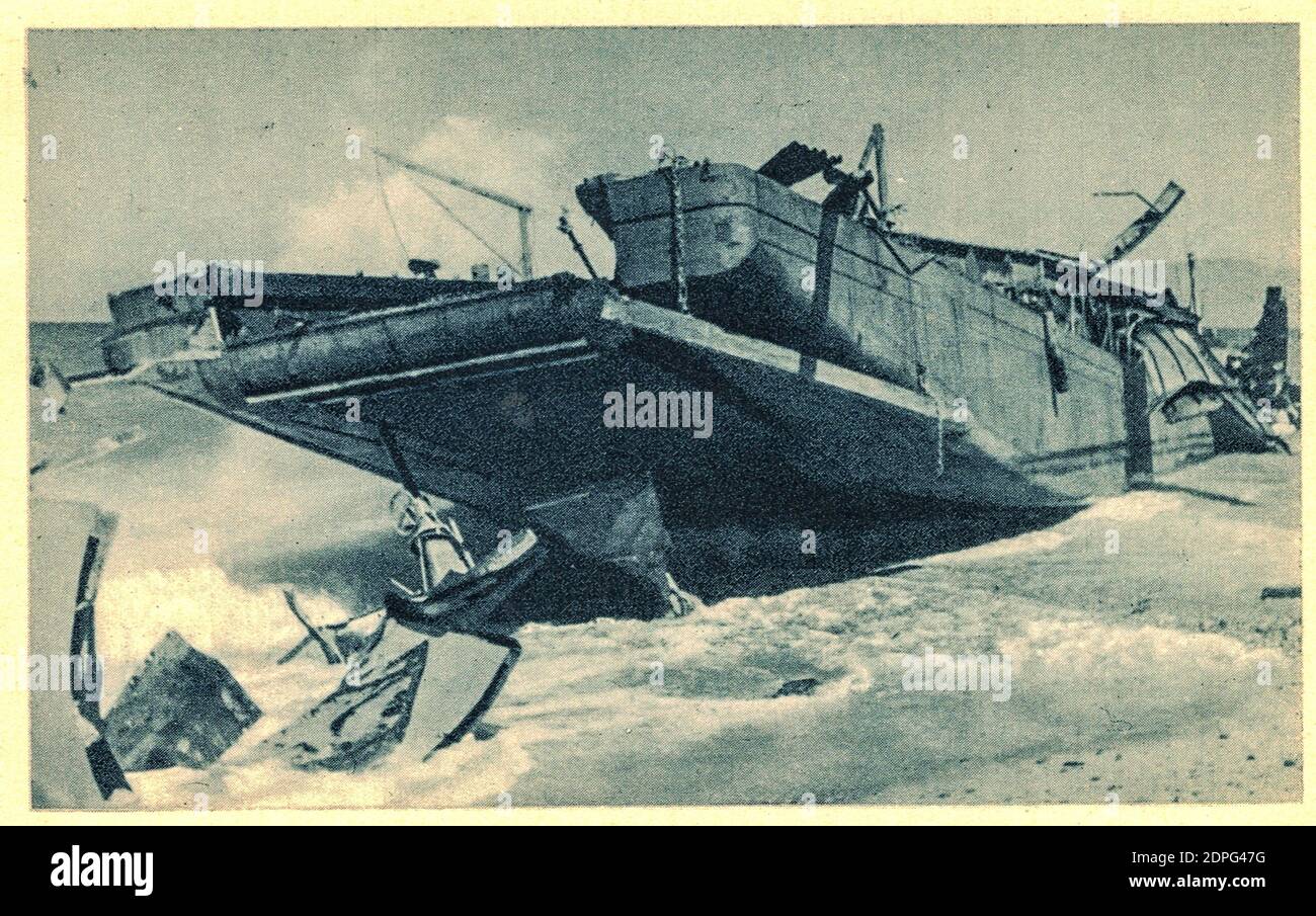 SALERNO, ITALY - SEPTEMBER 1943: Destroyed war ship in Salerno Gulf. Stock Photo