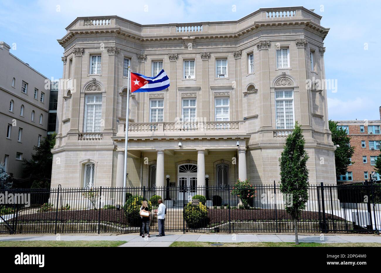 The Cuban flag flies in front of the country's embassy after 54 years July 30, 2015 in Washington, DC. The embassy was closed in 1961 when U.S. President Dwight Eisenhower severed diplomatic ties with the island nation after Fidel Castro took power in a Communist revolution.Photo by Olivier Douliery/ABACAPRESS.COM Stock Photo