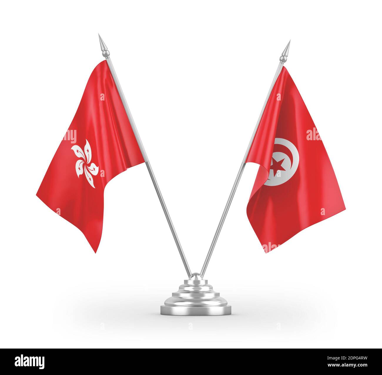 Tunisia and Hong Kong table flags isolated on white 3D rendering Stock Photo