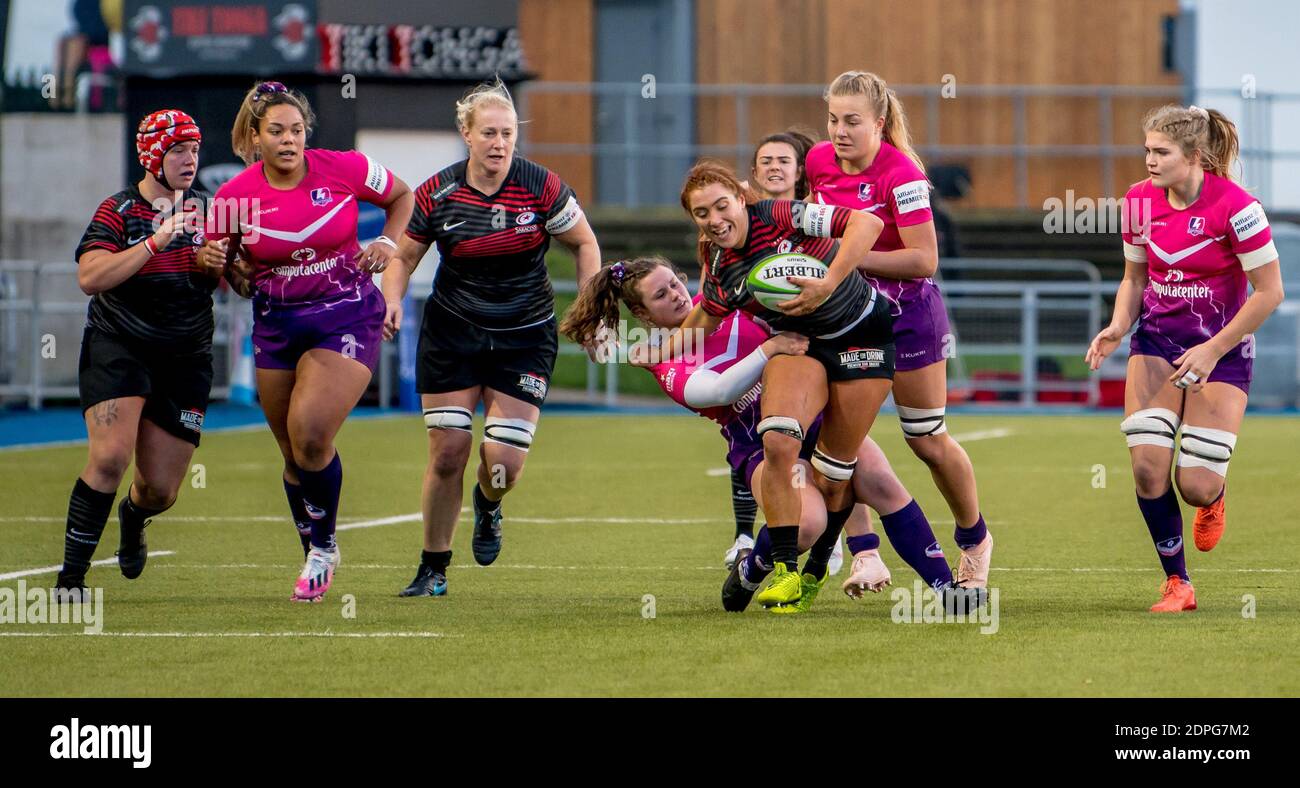 London, UK. 19th Dec, 2020. Georgia Evans of Saracens Women with the ball drives forward during the Womens Allianz Premier 15s match between Saracens Women and Loughborough Lightining at the Allianz Park, London, England on 19 December 2020. Photo by Phil Hutchinson. Editorial use only, license required for commercial use. No use in betting, games or a single club/league/player publications. Credit: UK Sports Pics Ltd/Alamy Live News Stock Photo