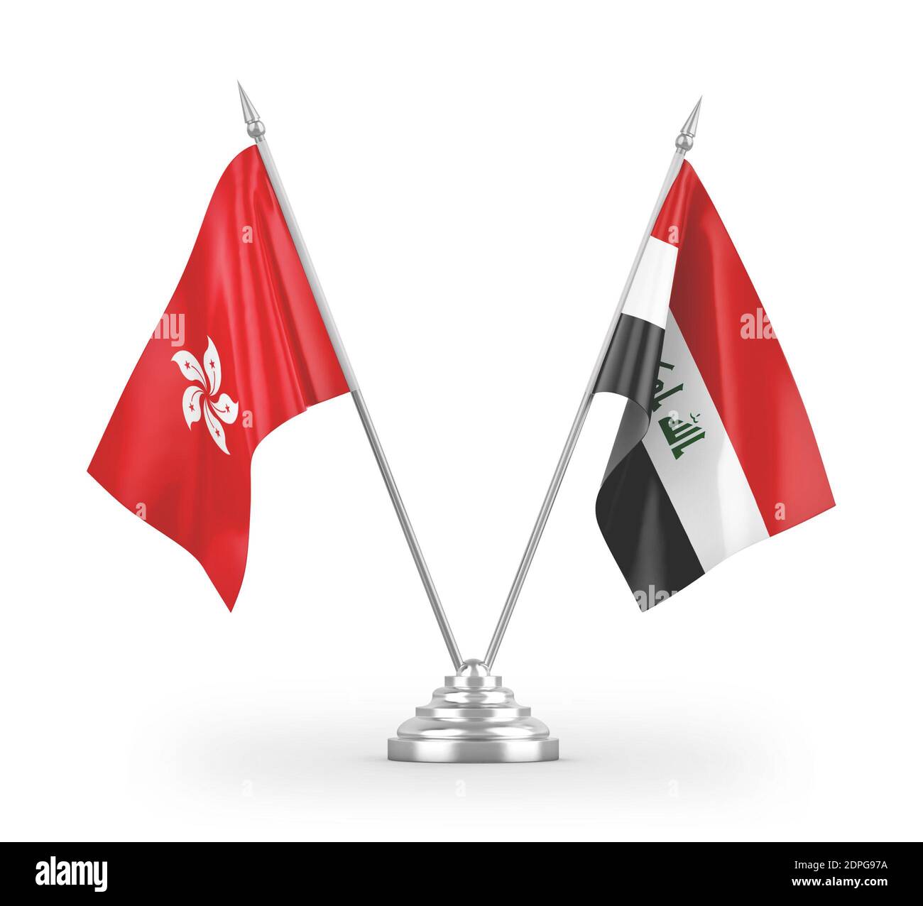 Iraq and Hong Kong table flags isolated on white 3D rendering Stock Photo