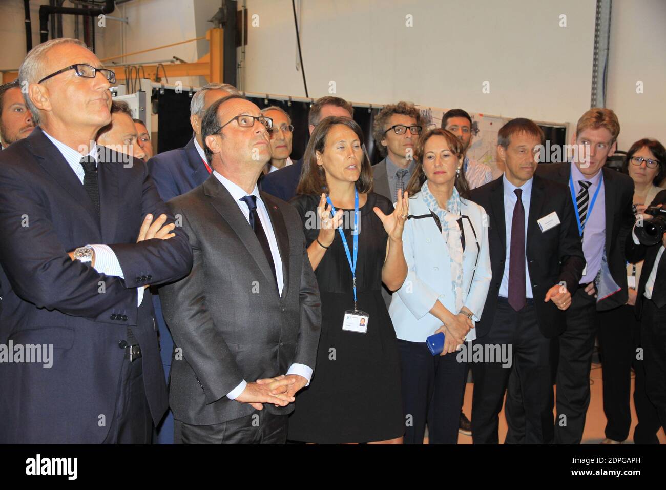 French President Francois Hollande along with Minister of Ecology, Sustainable Development and Energy Segolene Royal and Secretary of State for Regional Reform Andre Vallini during a visit to the company Air Liquide Advanced Technologies, a world leader in gases, technologies and services for industry and health, in Sassenage, near Grenoble, eastern France on August 20, 2015. Photo by Xavier Vila/Pool/ABACAPRESS.COM Stock Photo