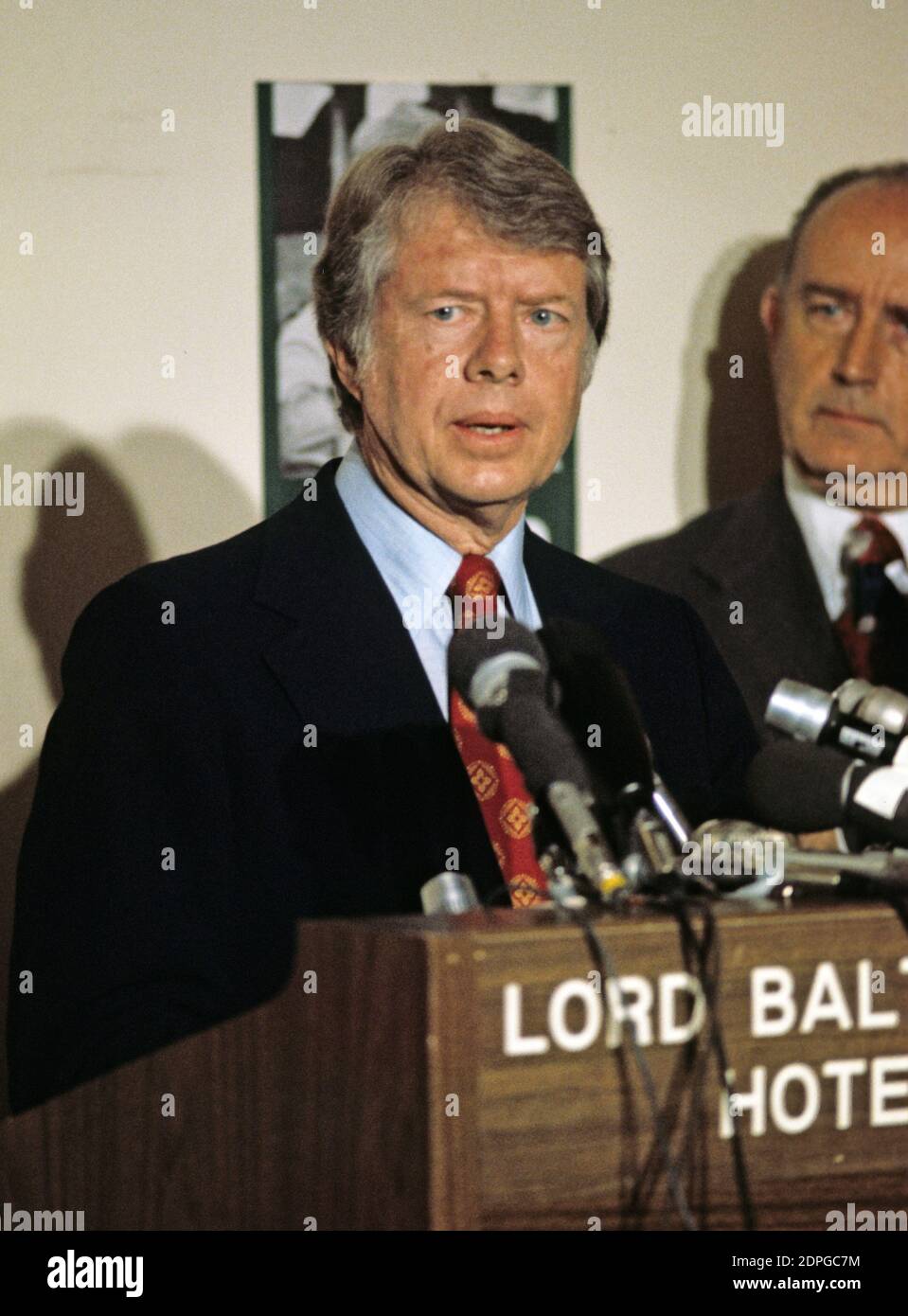 Governor Jimmy Carter (Democrat of Georgia) a candidate for the 1976 Democratic nomination for President of the United States, makes a campaign appearance in Baltimore, Maryland on May 13, 1976. Standing at right is Mayor William Donald Schaefer (Democrat of Baltimore). Photo by Arnie Sachs/CNP/ABACAPRESS.COM Stock Photo