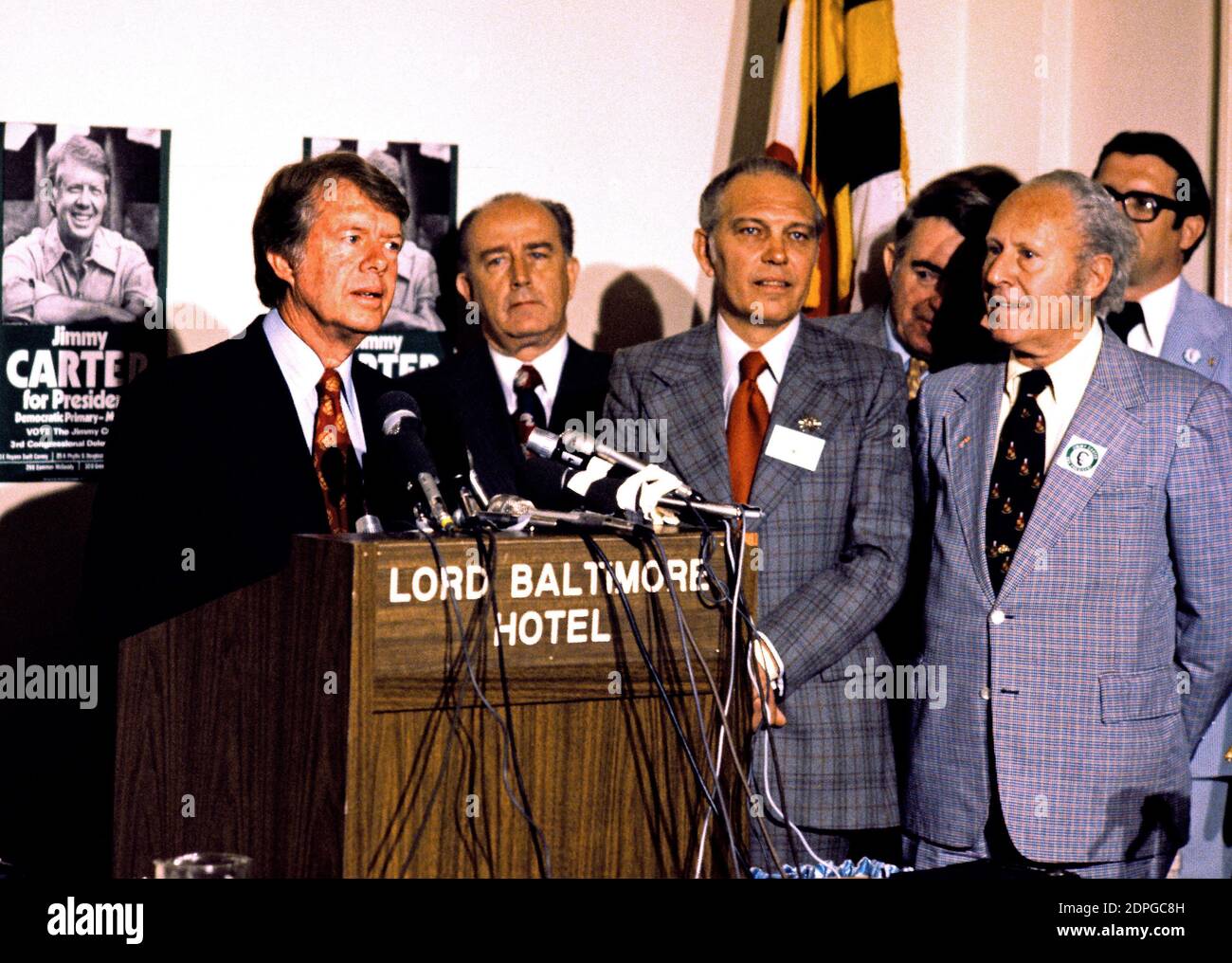 Governor Jimmy Carter (Democrat of Georgia) a candidate for the 1976 Democratic nomination for President of the United States, makes a campaign appearance in Baltimore, Maryland on May 13, 1976. From left to right: Mayor William Donald Schaefer (Democrat of Baltimore); Secretary of State Fred L. Wineland (Democrat of Maryland); and Comptroller Louis L. Goldstein (Democrat of Maryland). Photo by Arnie Sachs/CNP/ABACAPRESS.COM Stock Photo