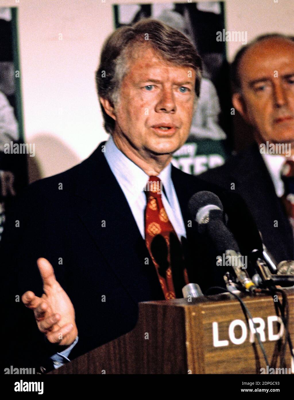 Governor Jimmy Carter (Democrat of Georgia) a candidate for the 1976 Democratic nomination for President of the United States, makes a campaign appearance in Baltimore, Maryland on May 13, 1976. Standing at right is Mayor William Donald Schaefer (Democrat of Baltimore). Photo by Arnie Sachs/CNP/ABACAPRESS.COM Stock Photo