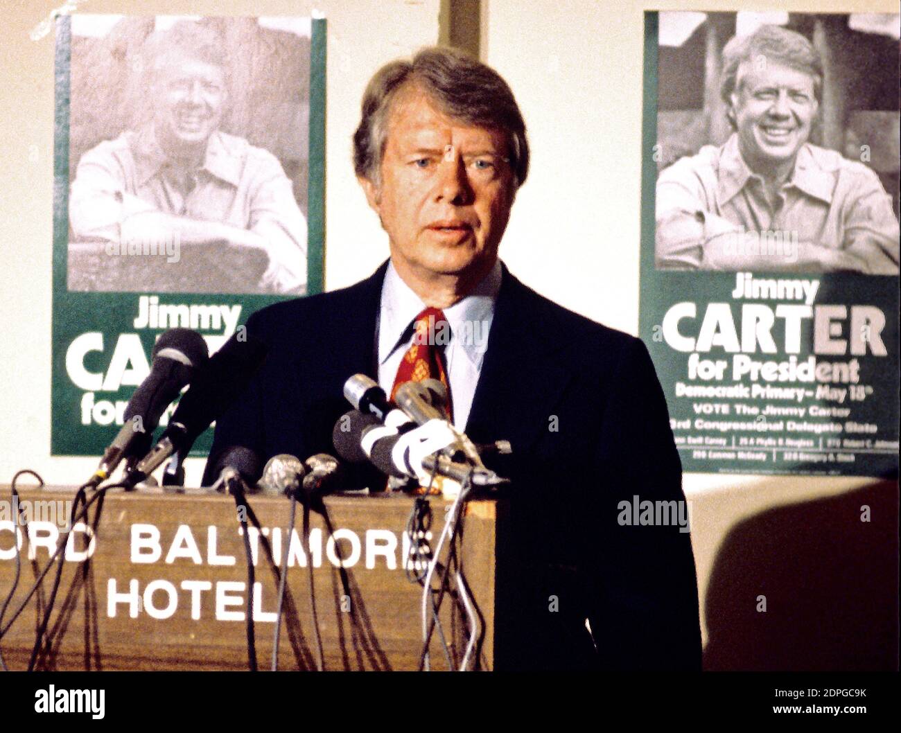 Governor Jimmy Carter (Democrat of Georgia) a candidate for the 1976 Democratic nomination for President of the United States, makes a campaign appearance in Baltimore, Maryland on May 13, 1976. Standing at right is Mayor William Donald Schaefer (Democrat of Baltimore). Photo by Arnie Sachs/CNP/ABACAPRESS.COM Stock Photo