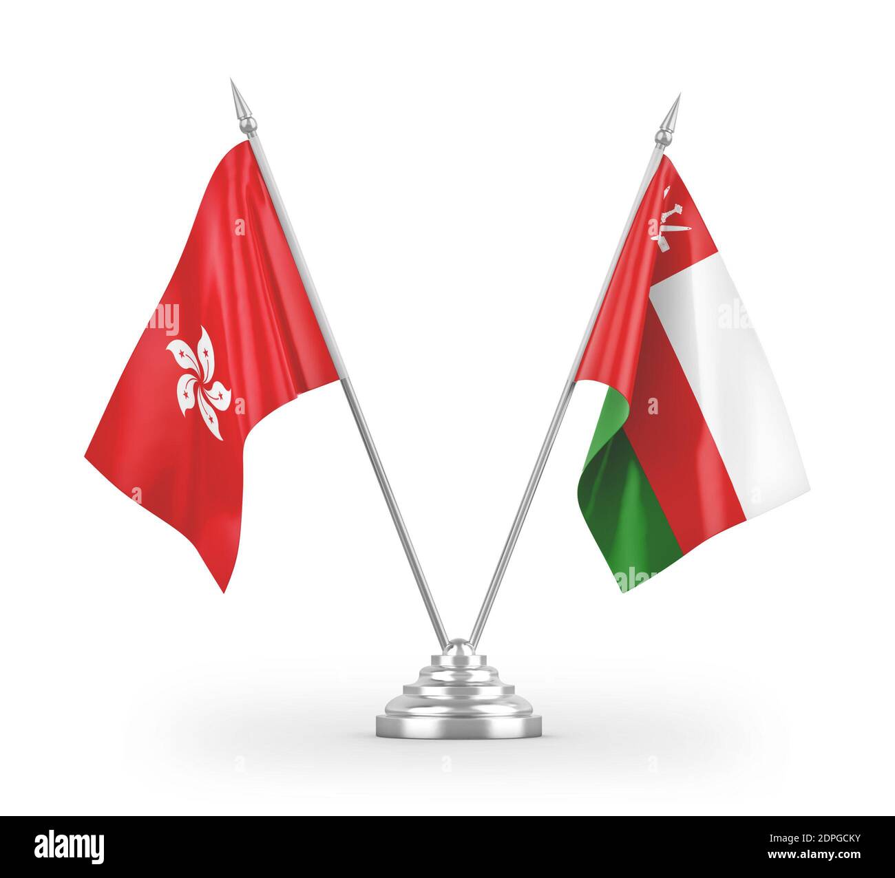 Oman and Hong Kong table flags isolated on white 3D rendering Stock Photo