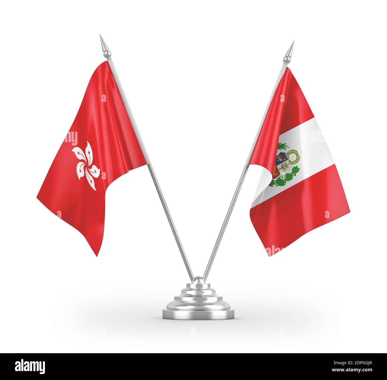 Peru and Hong Kong table flags isolated on white 3D rendering Stock Photo