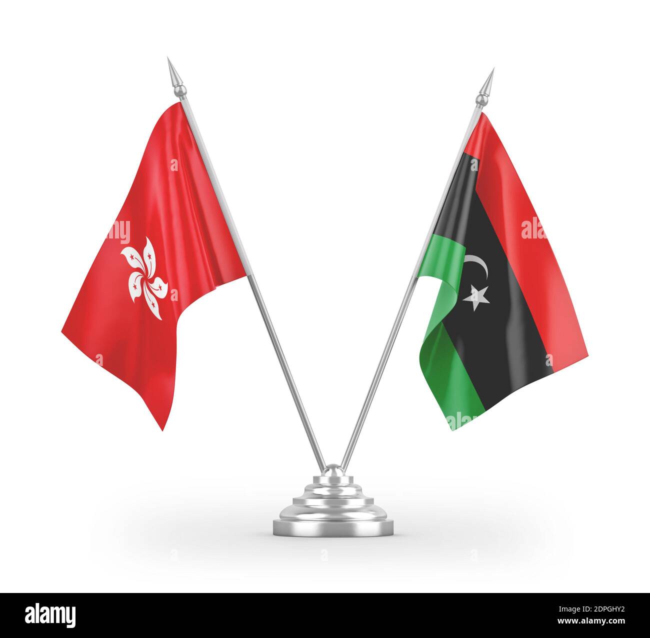 Libya and Hong Kong table flags isolated on white 3D rendering Stock Photo