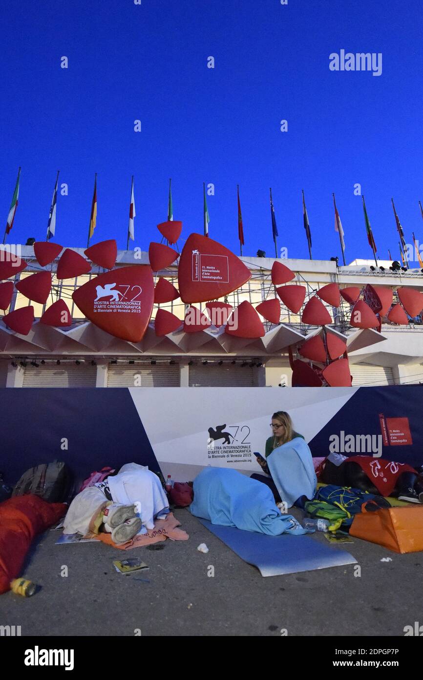 Groupies sleeping in front of the Red Carpet to save themselves a spot in the crowd in order to see Johnny Depp during the 72nd Venice International Film Festival (Mostra) on the Lido in Venice, Italy on September 04, 2015. Photo by Aurore Marechal/ABACAPRESS.COM Stock Photo