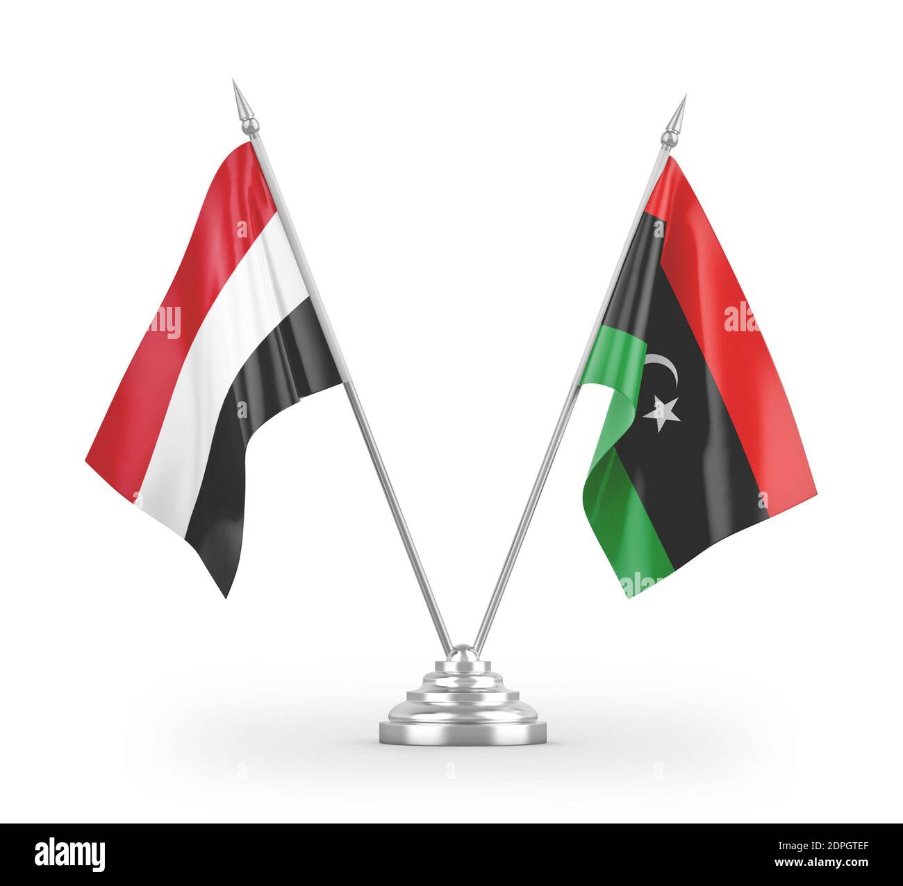 Libya and Yemen table flags isolated on white 3D rendering Stock Photo