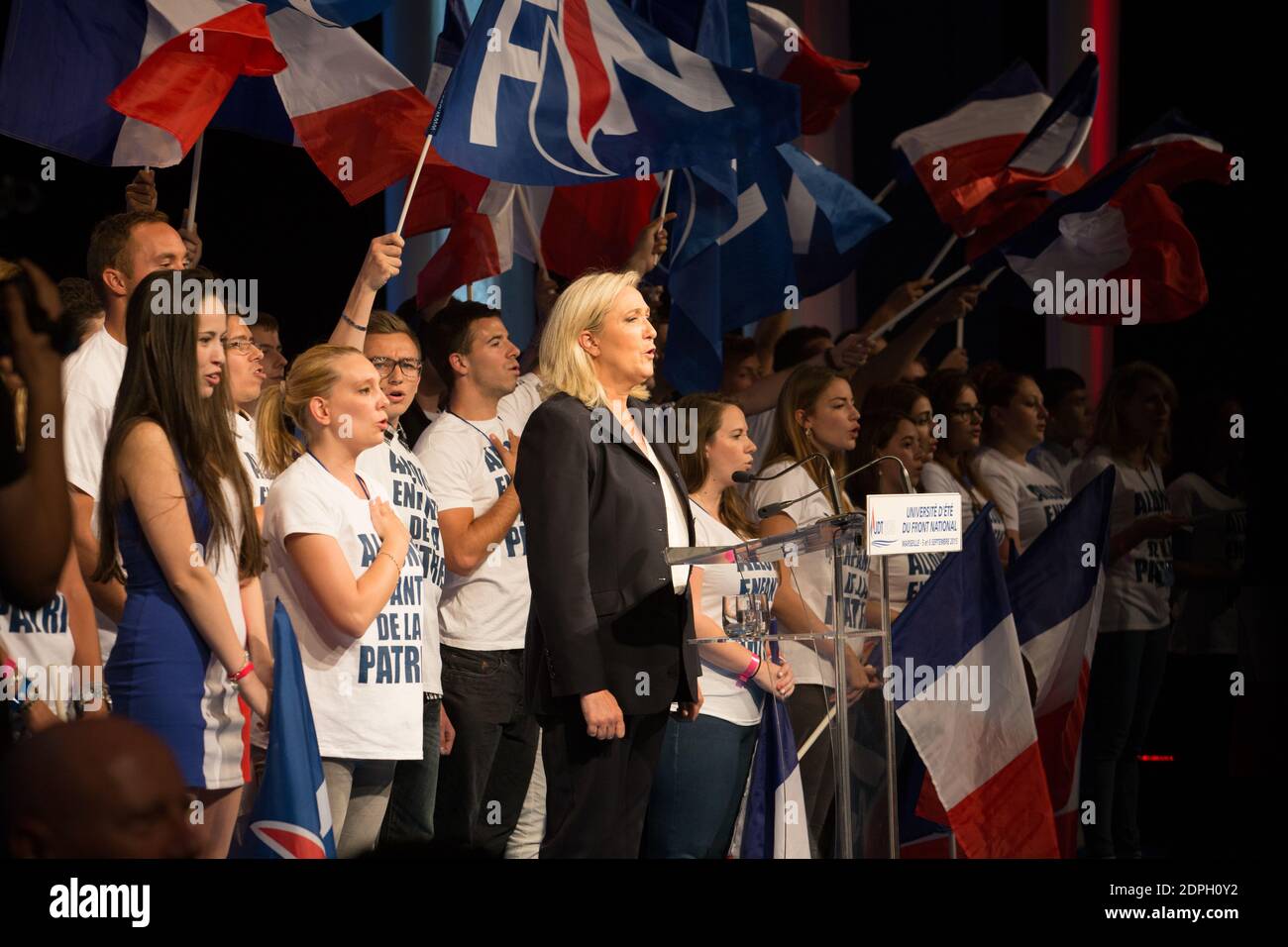 Marine Le Pen on day two of the FN's annual summer university held at Palais  de l'Europe, Parc Chanot, in Marseille, southern France on September 6,  2015. FN leaders and militants gathered