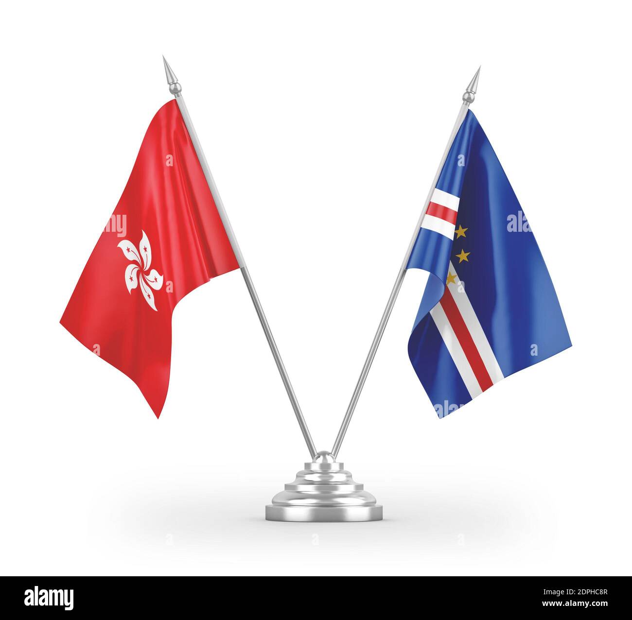 Cabo Verde and Hong Kong table flags isolated on white 3D rendering Stock Photo
