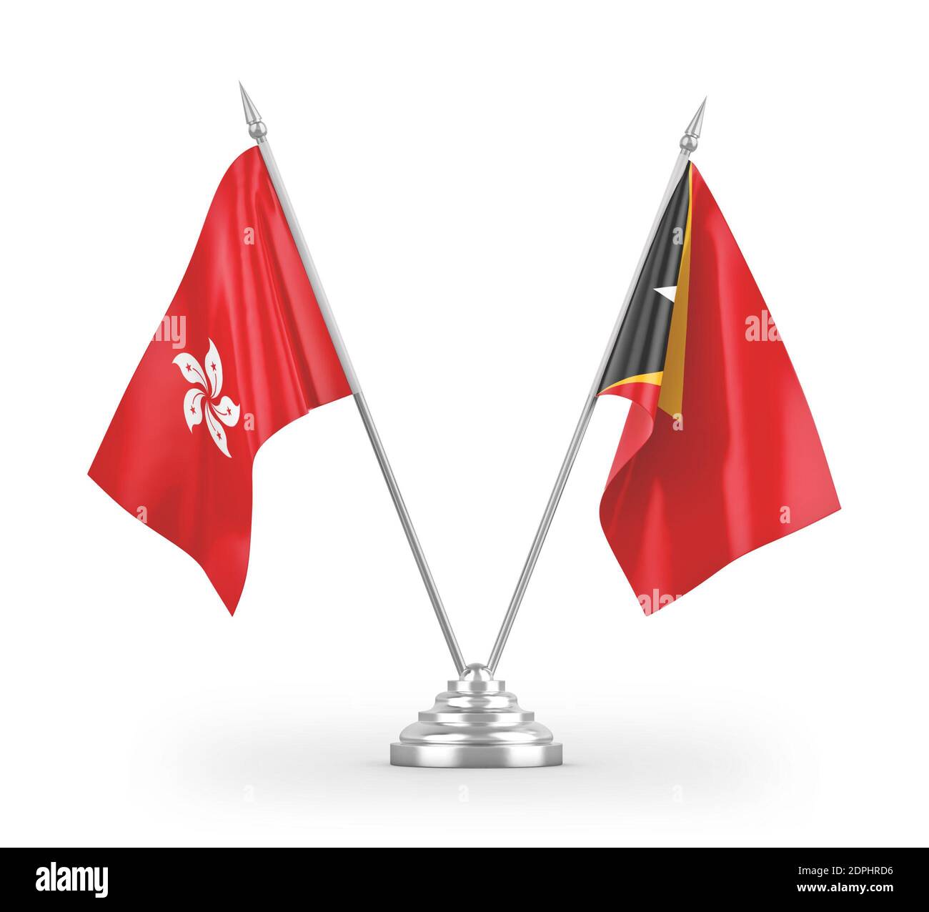 East Timor and Hong Kong table flags isolated on white 3D rendering Stock Photo