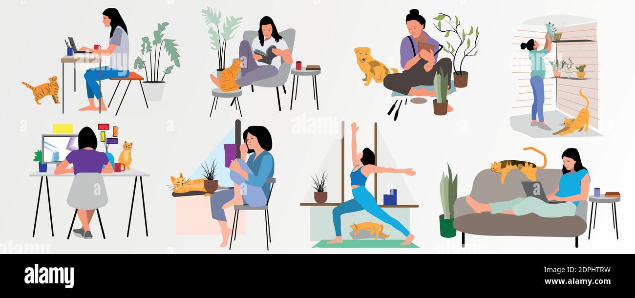 Set of People at home in quarantine. Spend time at home, study at home, Work at home. Vector flat style illustration Stock Vector