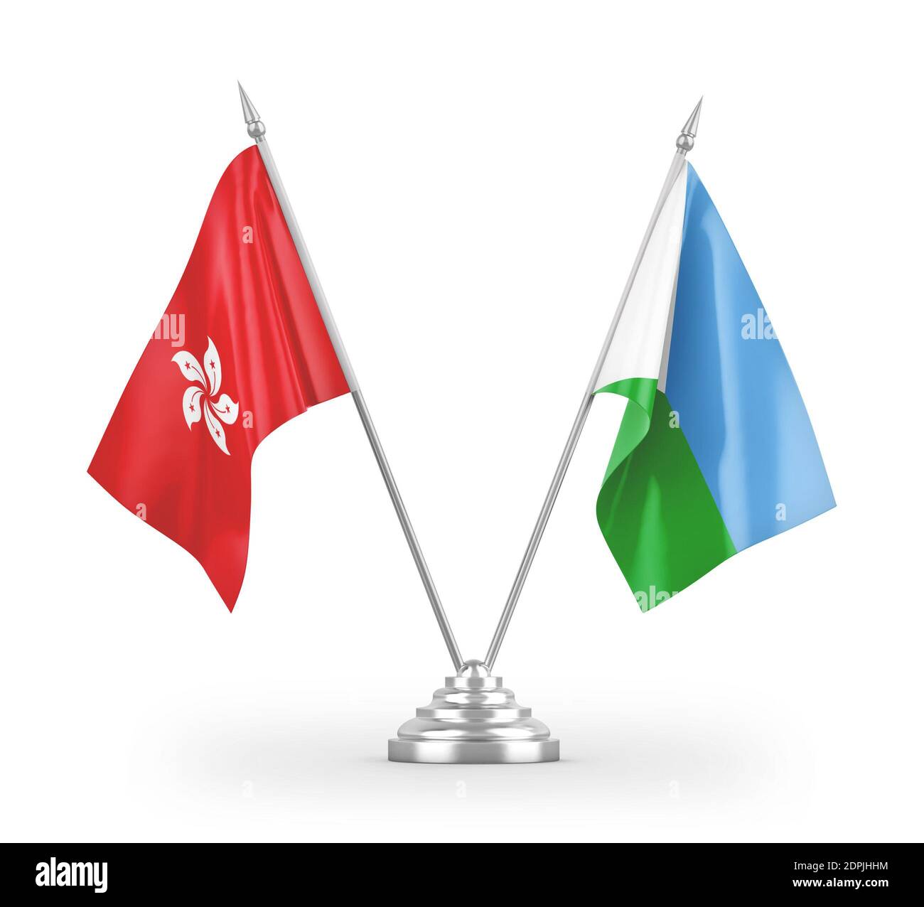 Djibouti and Hong Kong table flags isolated on white 3D rendering Stock Photo