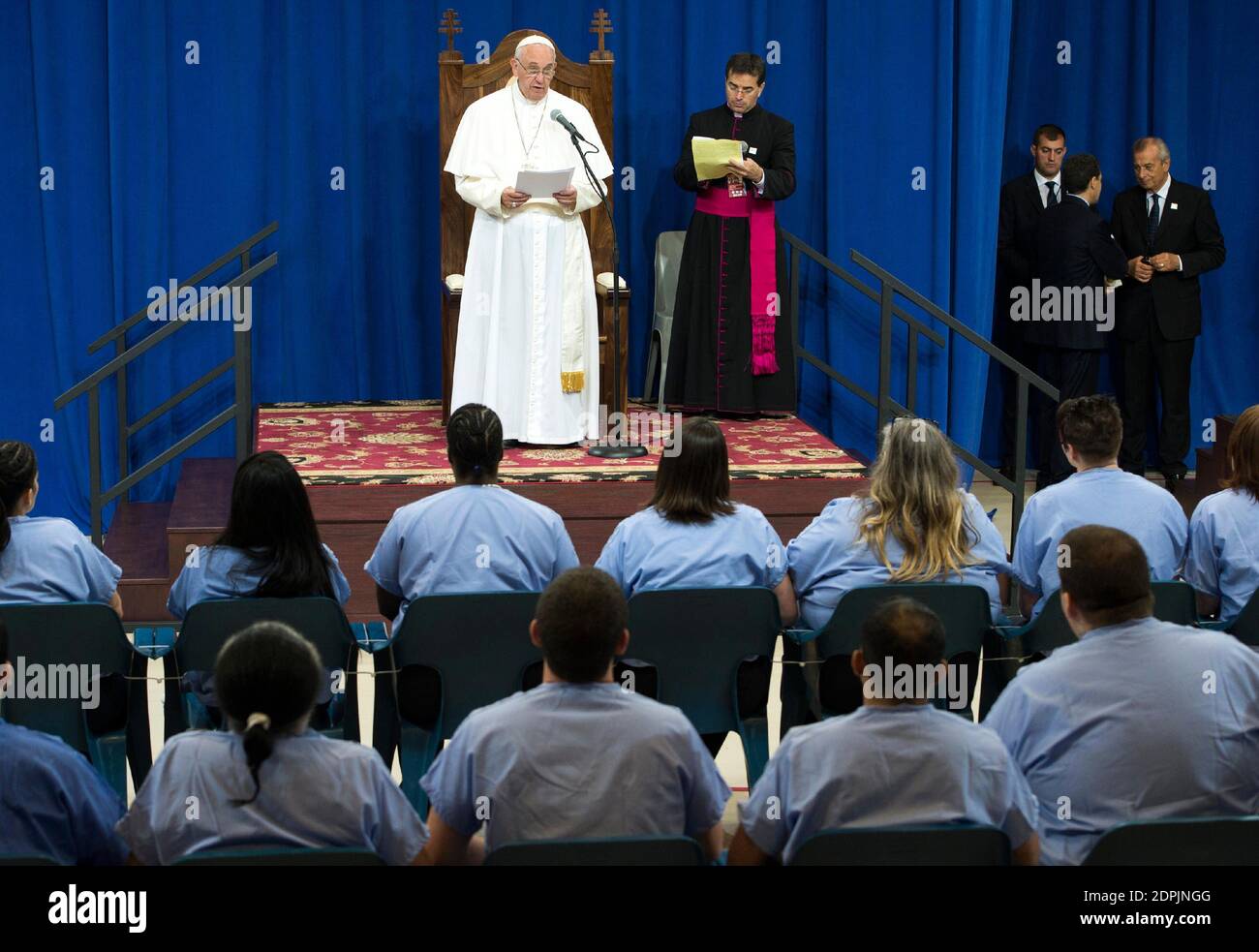 Pope Francis visits a prison in Philadelphia, USA on September 27, 2015. Pope Francis offered encouragement to about 100 male and female inmates at a detention center, his latest high-profile expression of concern for the world's imprisoned. Photo by ABACAPRESS.COM Stock Photo