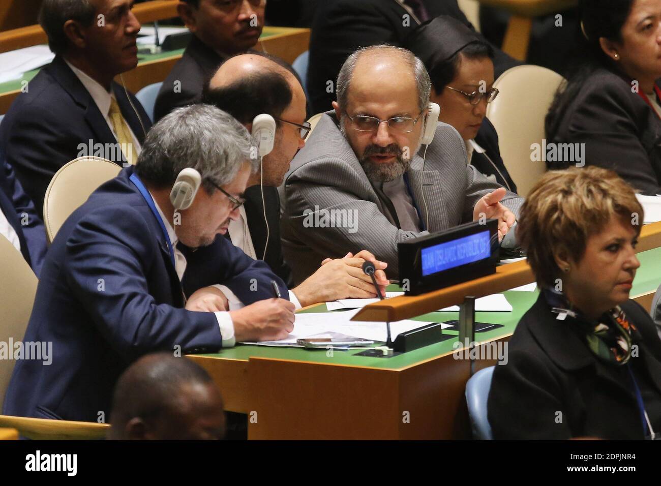 Iranian Minister of Foreign Affairs Mohammad Javad Zarif Khonsari (C) talks with members of his delegation as U.S. President Barack Obama addresses the 70th annual United Nations General Assembly at the UN headquarters September 28, 2015 in New York City. Obama will hold bilateral meetings with Indian Prime Minister Narendra Modi and Russian President Vladimir Putin later in the day. Photo by Chip Somodevilla/Pool/ABACAPRESS.COM Stock Photo