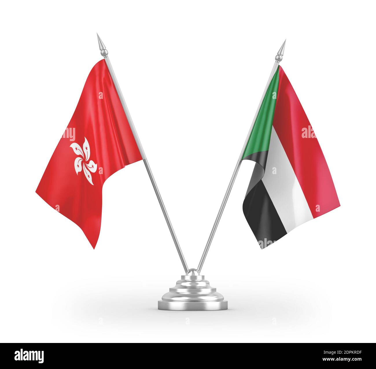 Sudan and Hong Kong table flags isolated on white 3D rendering Stock Photo