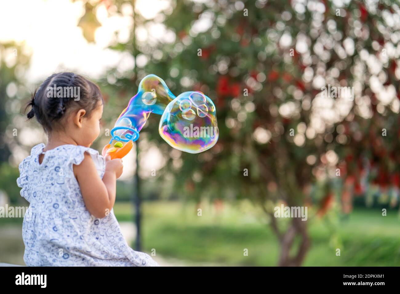 Cute Little Girl Playing With Soap Bubbles At Park Stock Photo - Alamy