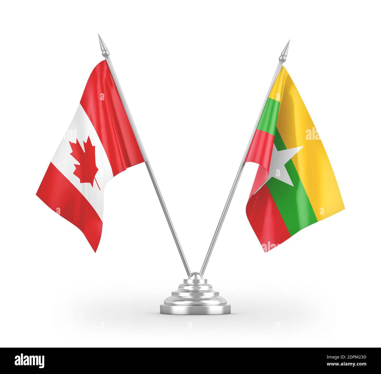 Myanmar and Canada table flags isolated on white 3D rendering Stock Photo