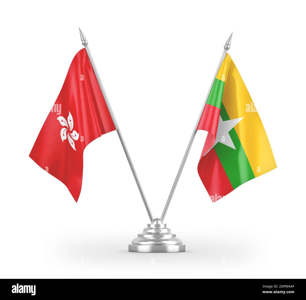 Myanmar and Hong Kong table flags isolated on white 3D rendering Stock Photo