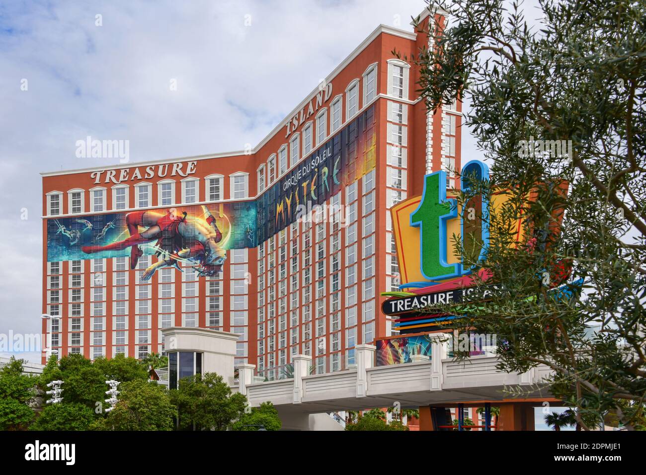 Nevada USA October 2, 2018 A colorful Cirque du Soleil sign covers the upper facade of the Treasure Island hotel in Las Vegas Stock Photo