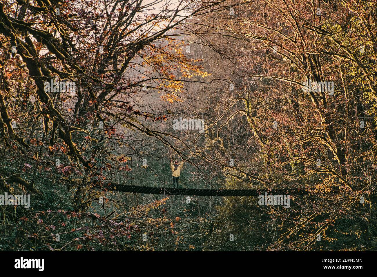 Young woman crossing suspension bridge Stock Photo - Alamy