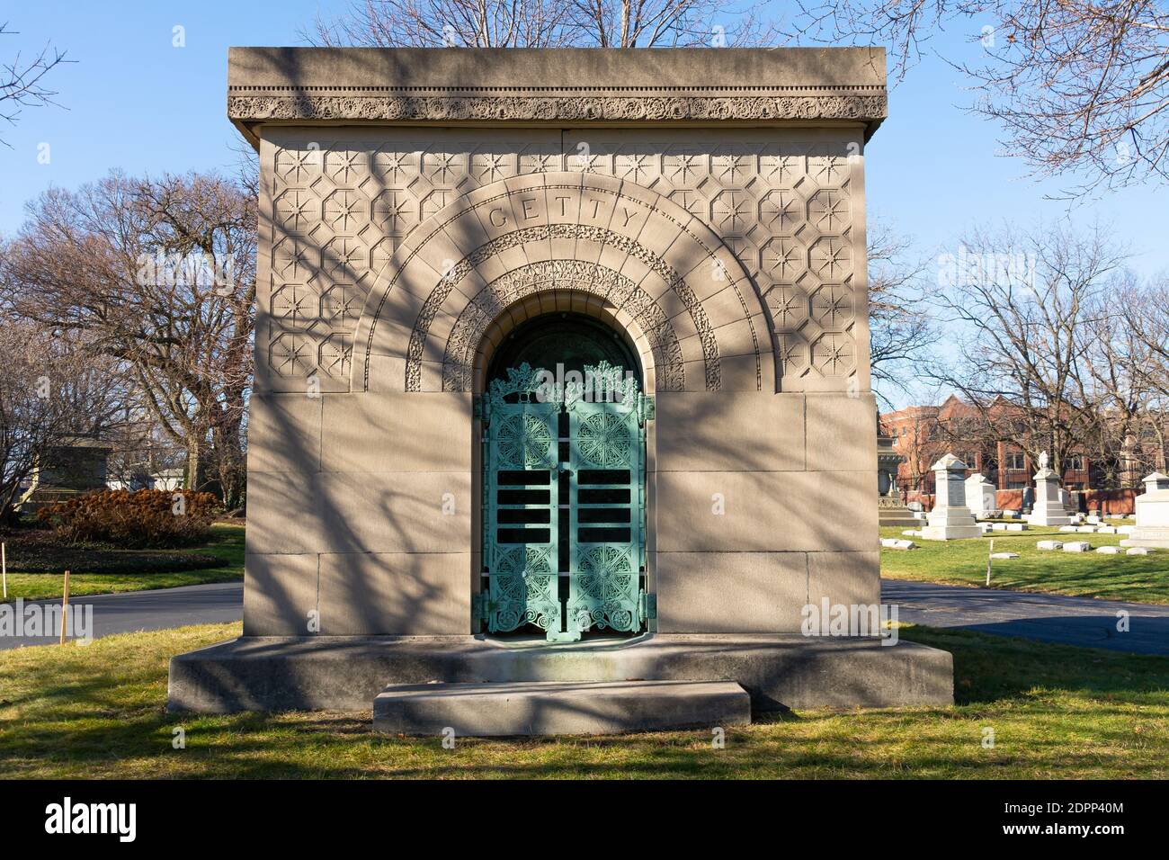 Chicago, Illinois / United States - December 9th, 2020: The Carrie Eliza Getty Tomb by architect Louis Sullivan in Graceland Cemetery. Stock Photo