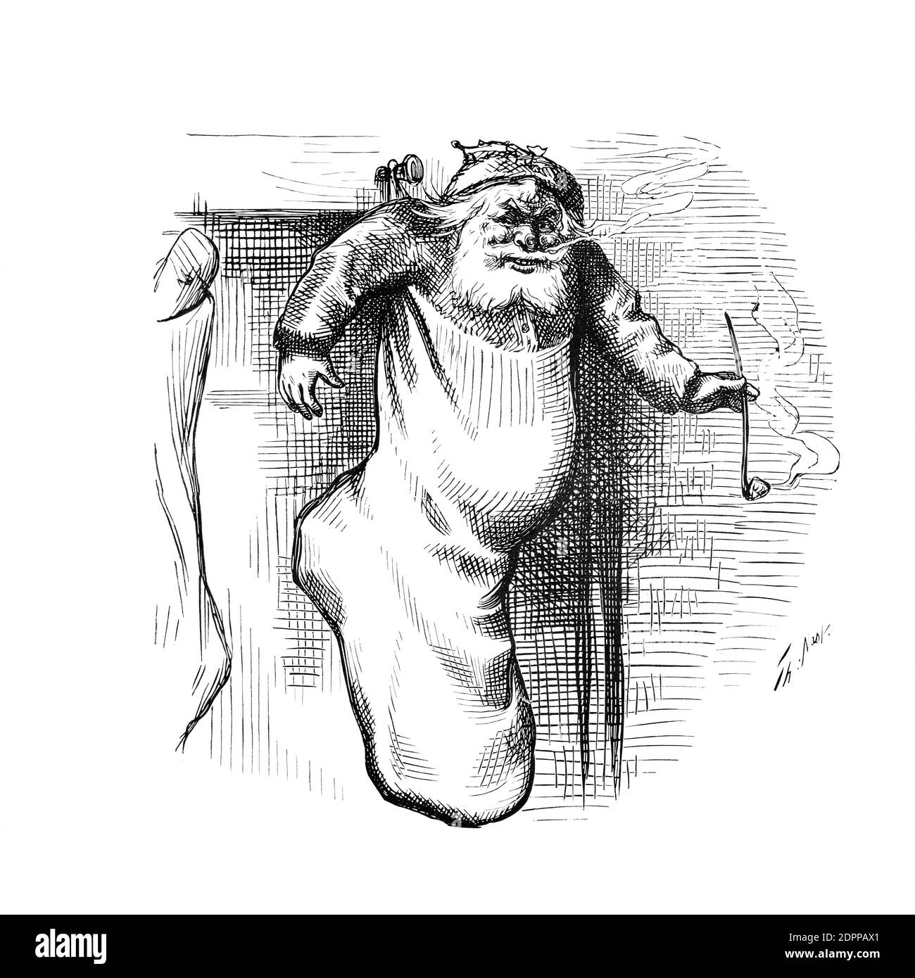 An illustration of Santa Claus in a Christmas stocking by Thomas Nast for Harper's Weekly. Stock Photo